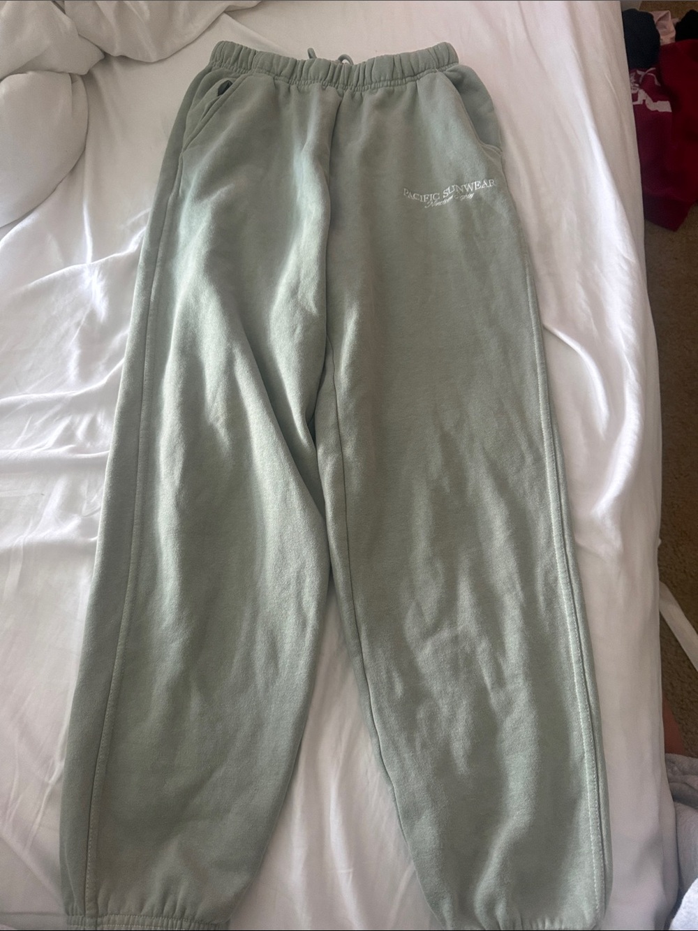 Light Sage Green Fleece Sweatpants with pacific sun logo